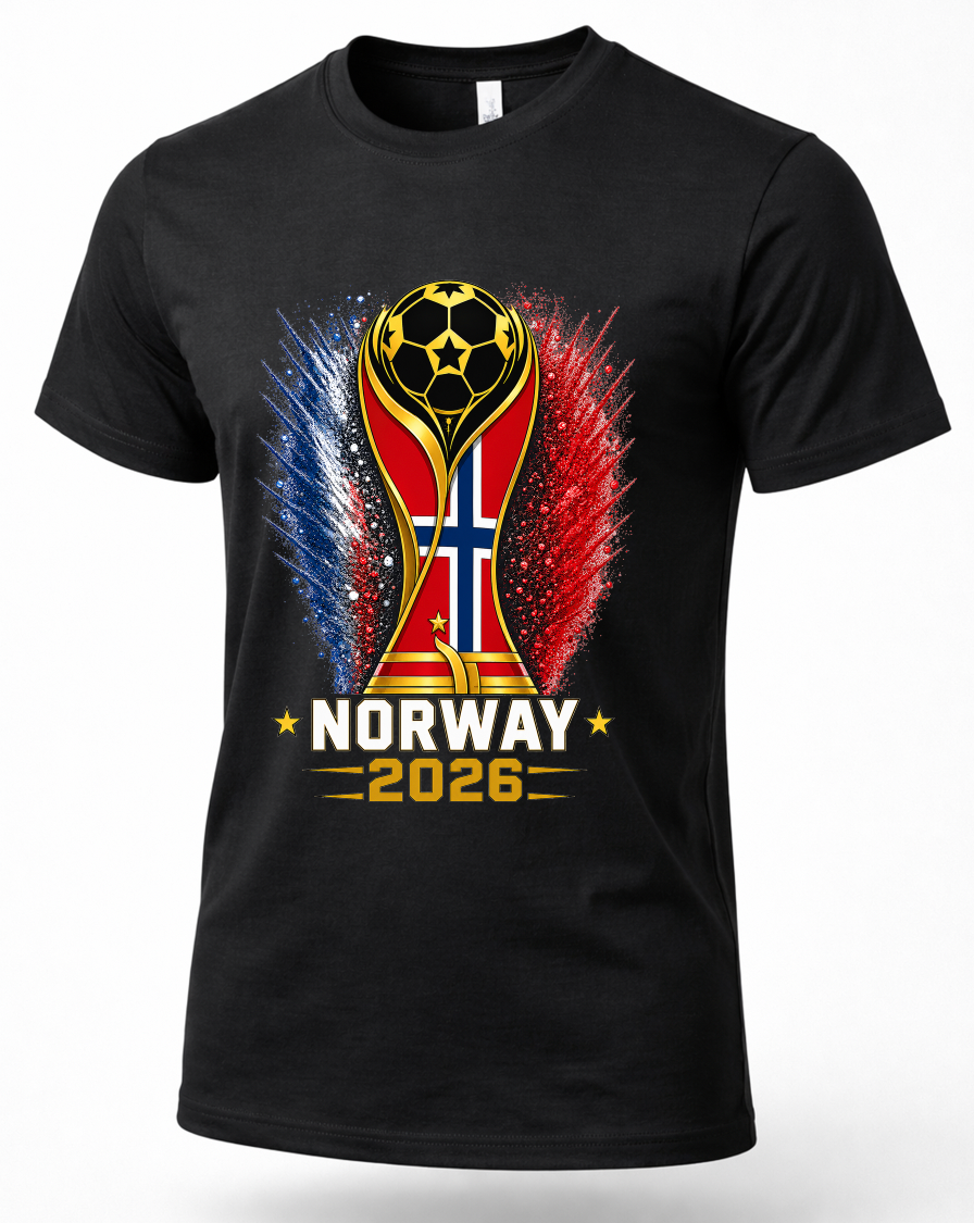 Black t-shirt with a soccer trophy design featuring Norway's flag and '2026' text on a white background.