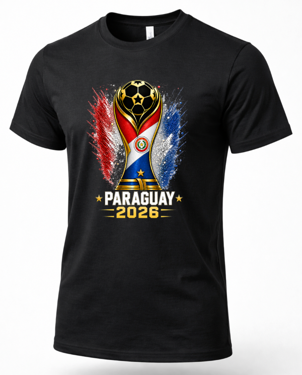 Black t-shirt with Paraguay 2026 soccer design on a white background
