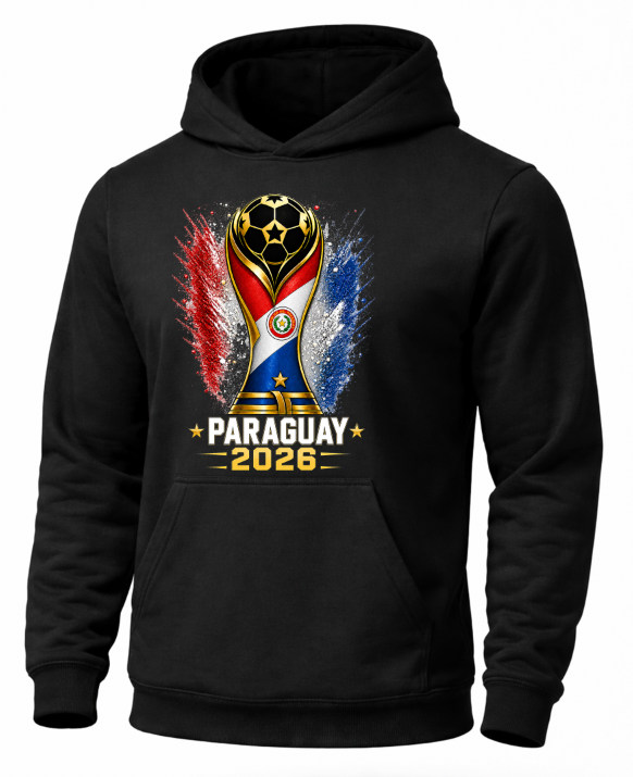 Black hoodie with Paraguay 2026 World Cup design on a white background