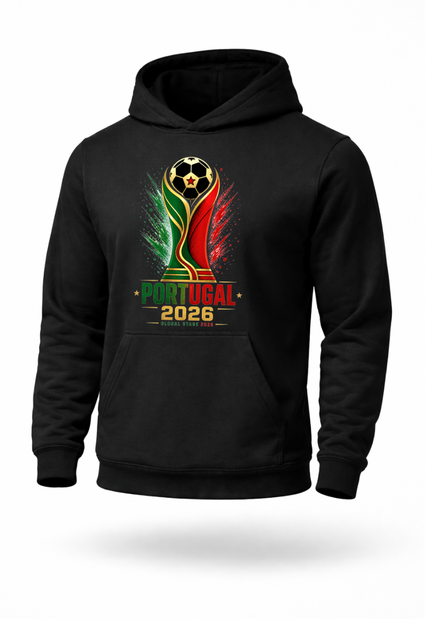Black Portugal 2026 football fan hoodie mockup featuring red green and gold soccer graphic design