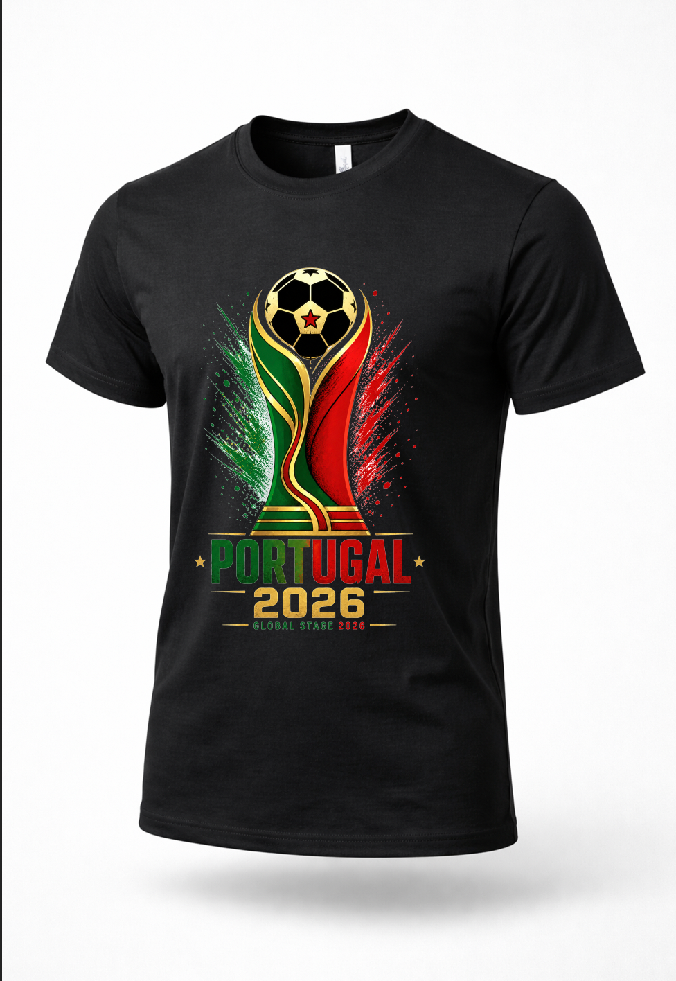 Black Portugal 2026 soccer graphic T-shirt mockup with red green and gold football-inspired artwork