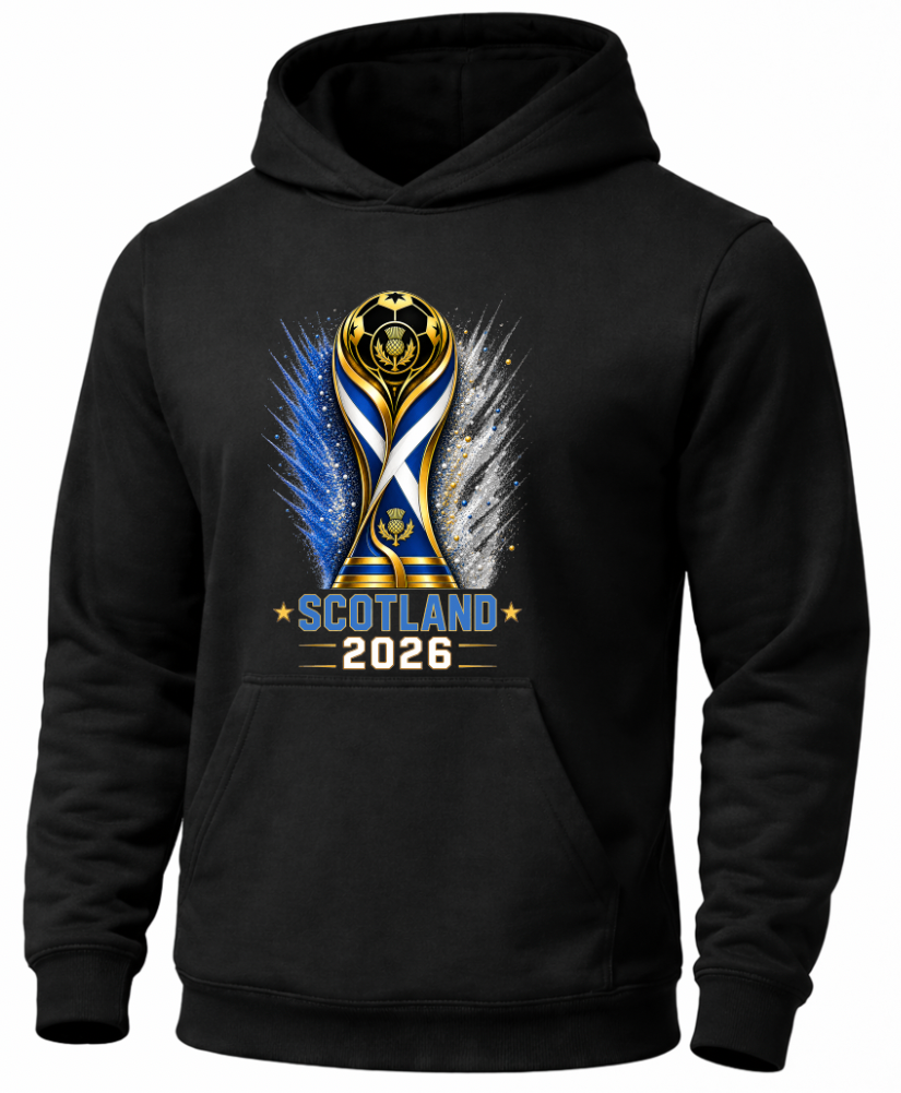 Black hoodie with a trophy design featuring Scotland and the year 2026 on a white background