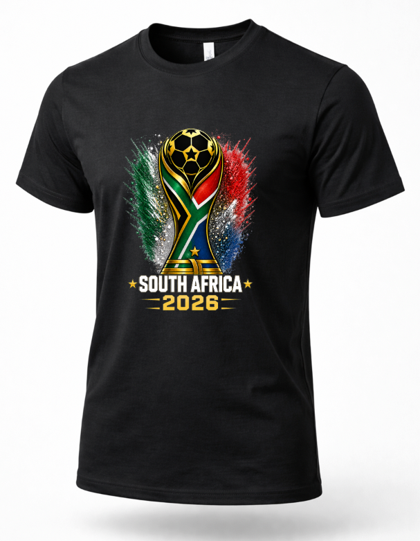 Black t-shirt with South Africa 2026世界杯 design on a white background