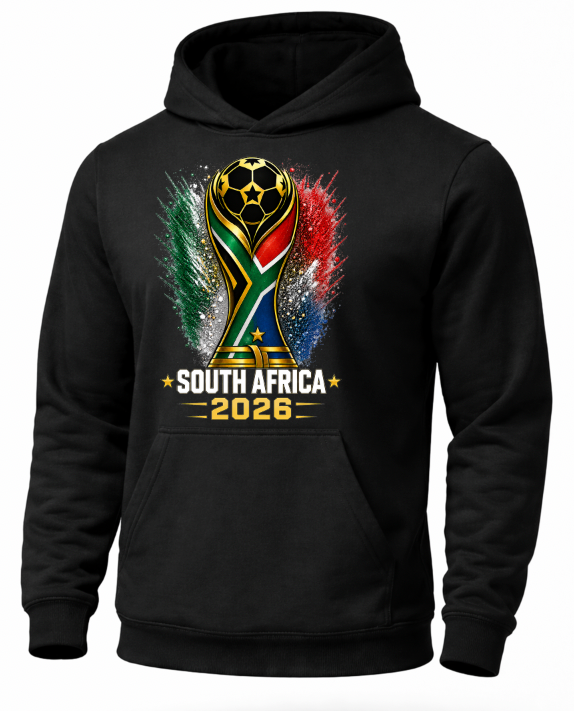 Black hoodie with South Africa 2026 World Cup design on a white background
