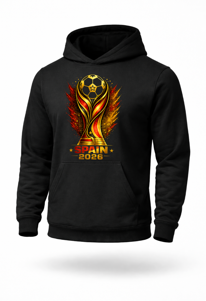 Black Spain 2026 football fan hoodie mockup with fiery red and gold soccer-inspired artwork