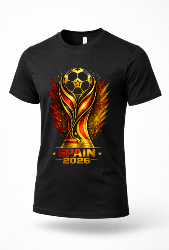 Black Spain 2026 soccer graphic T-shirt mockup featuring red gold and black football-inspired artwork