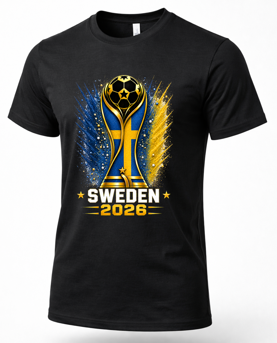 Black t-shirt with a gold and blue design featuring 'Sweden 2026' on a white background