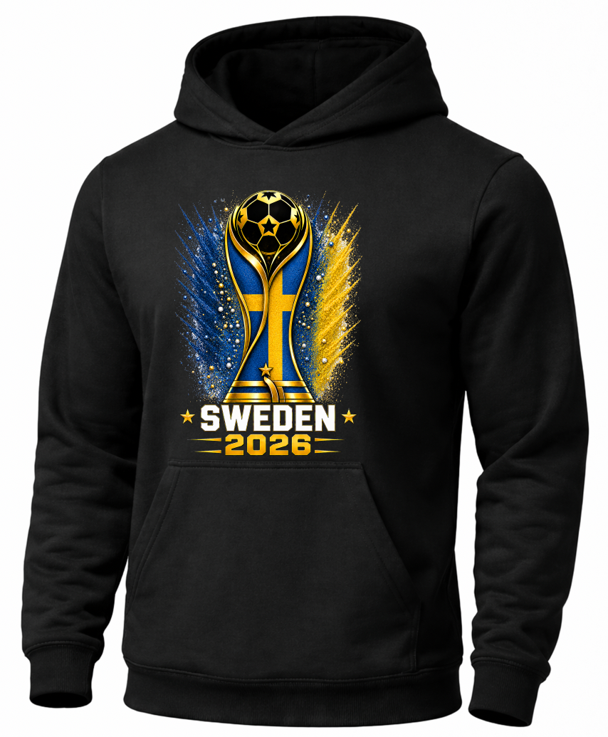 Black hoodie with Sweden 2026 World Cup design on a white background