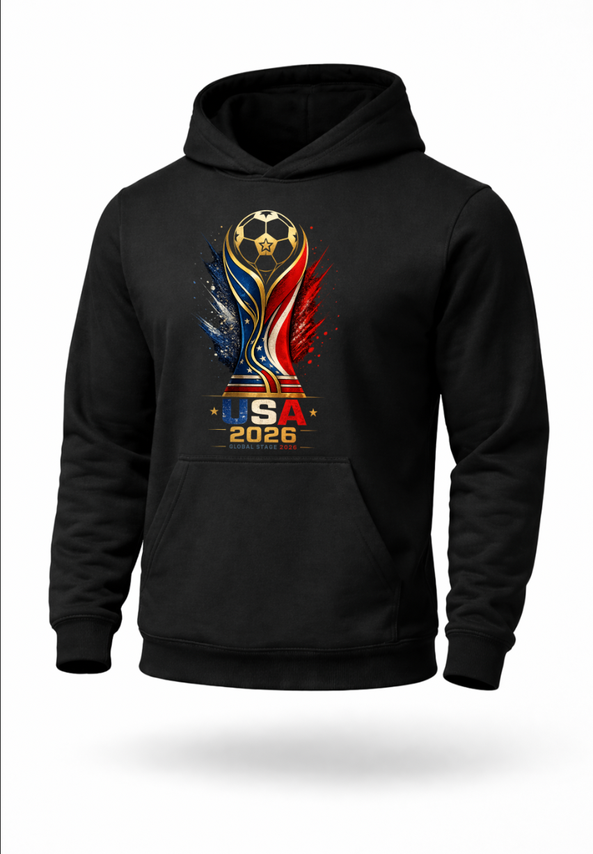 Black USA 2026 soccer hoodie featuring patriotic red white and blue football-inspired graphic artwork on premium streetwear pullover hoodie