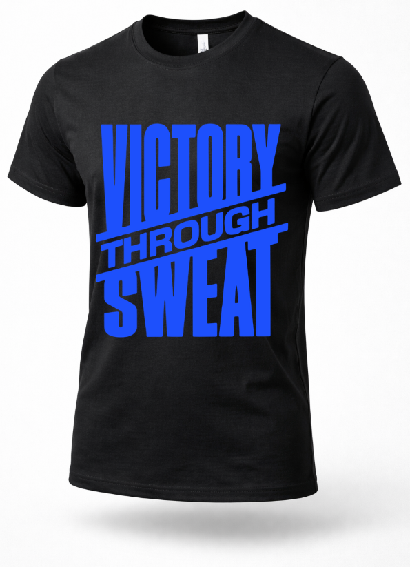 Black gym t-shirt with bold blue “Victory Through Sweat” motivational workout text on front
