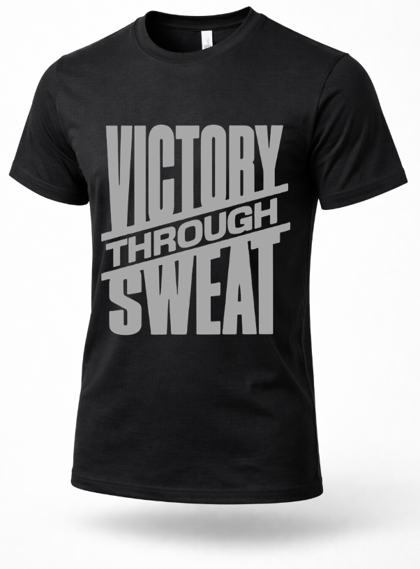 Black gym t-shirt with bold gray “Victory Through Sweat” motivational workout text on front