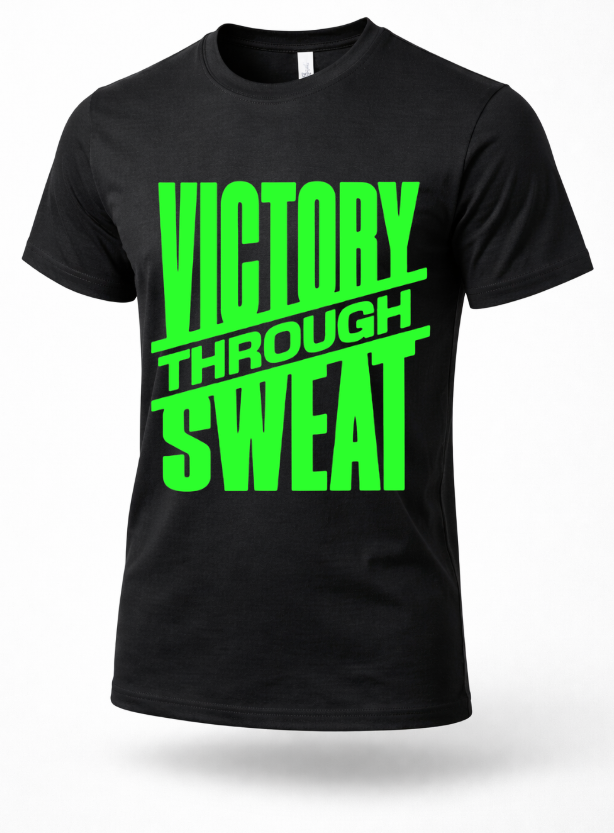 Black gym t-shirt with bold green “Victory Through Sweat” motivational workout text on front