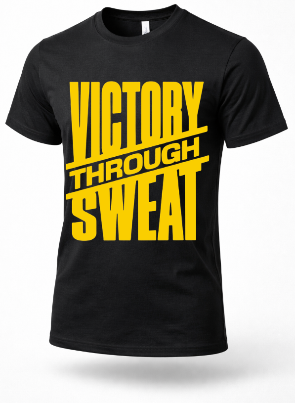 Black gym t-shirt with bold orange “Victory Through Sweat” motivational workout text on front