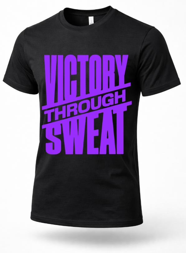 Black gym t-shirt with bold purple “Victory Through Sweat” motivational workout text on front