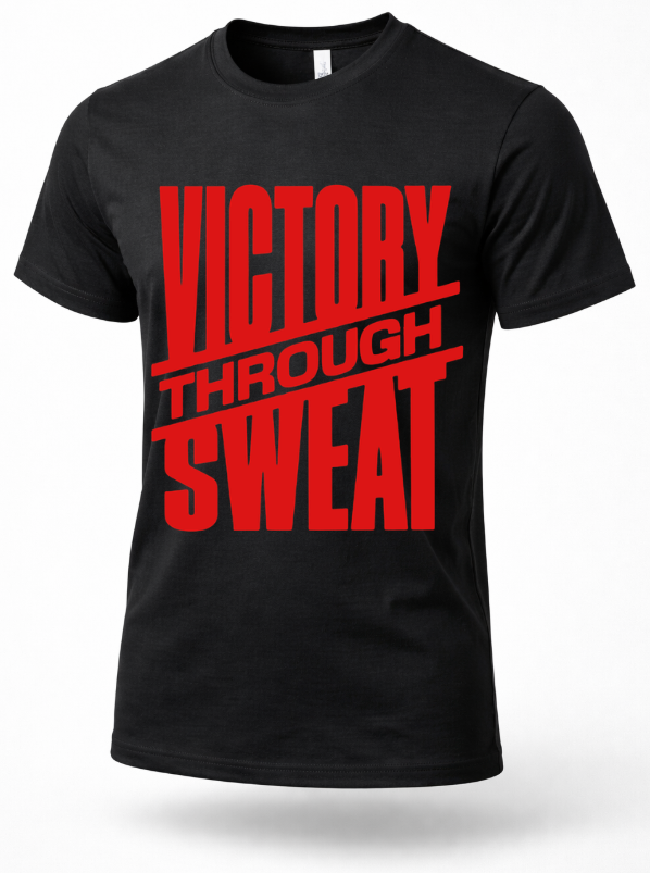 Black gym t-shirt with bold red “Victory Through Sweat” motivational workout text on front