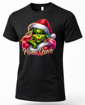 Black Mama Grinch Christmas graphic tee featuring a sassy green character with pink hair and a red Santa hat.