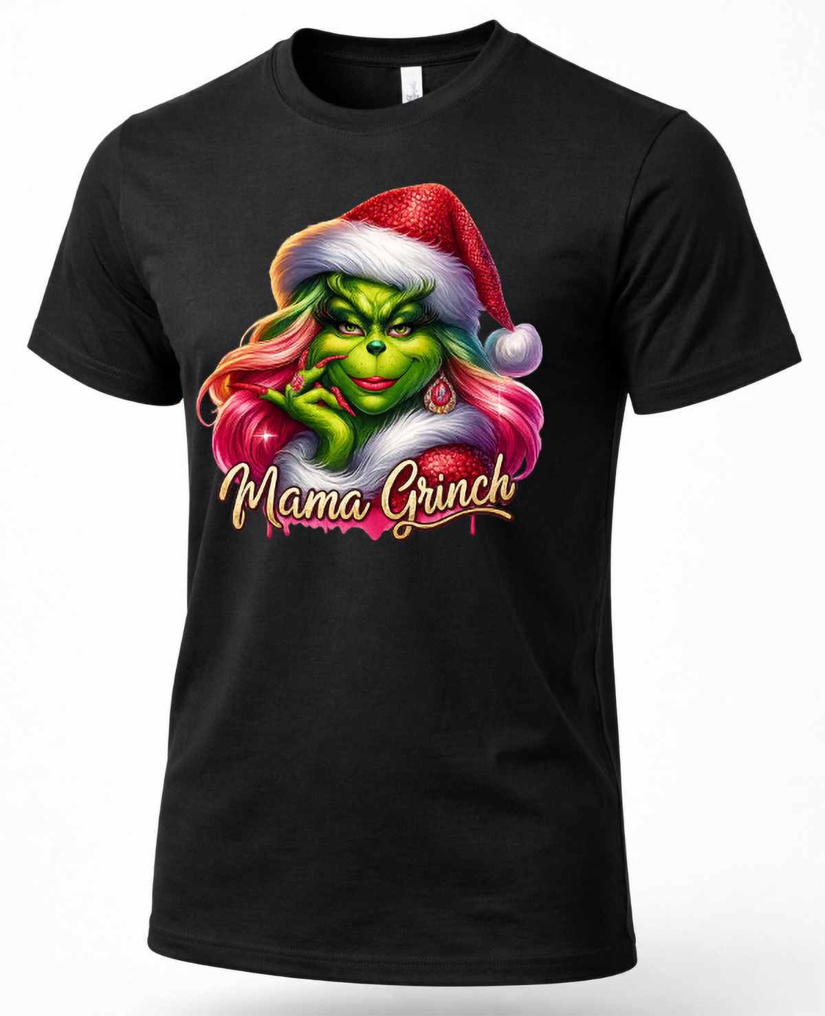Black Mama Grinch Christmas graphic tee featuring a sassy green character with pink hair and a red Santa hat.