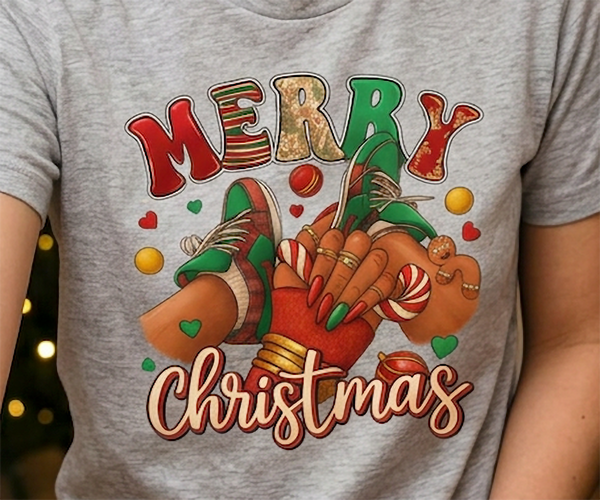 Heather Gray Close-Up: Detailed close-up of the Merry Christmas sneaker design printed on heather gray fabric with colorful Christmas graphics.