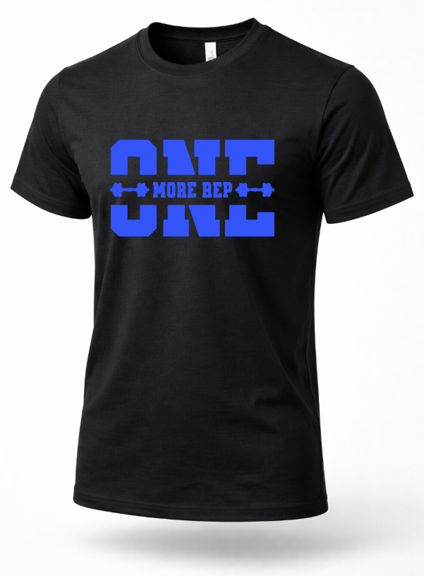 Black “One More Rep” gym t-shirt with blue print, motivational fitness and weightlifting shirt