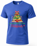 Blue All Booked for Christmas graphic tee featuring a festive stack of books shaped like a Christmas tree.