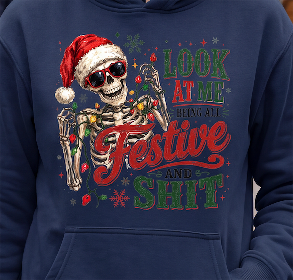 Close-up of navy blue All Festive and Shit Christmas skeleton hoodie