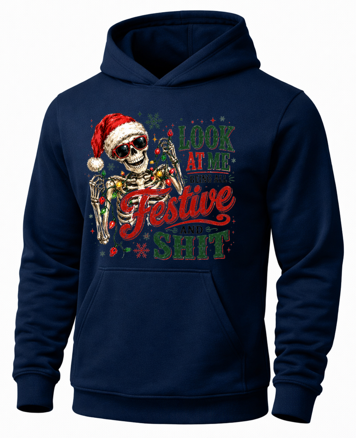 Navy blue funny Christmas hoodie with Santa skeleton and Christmas lights graphic