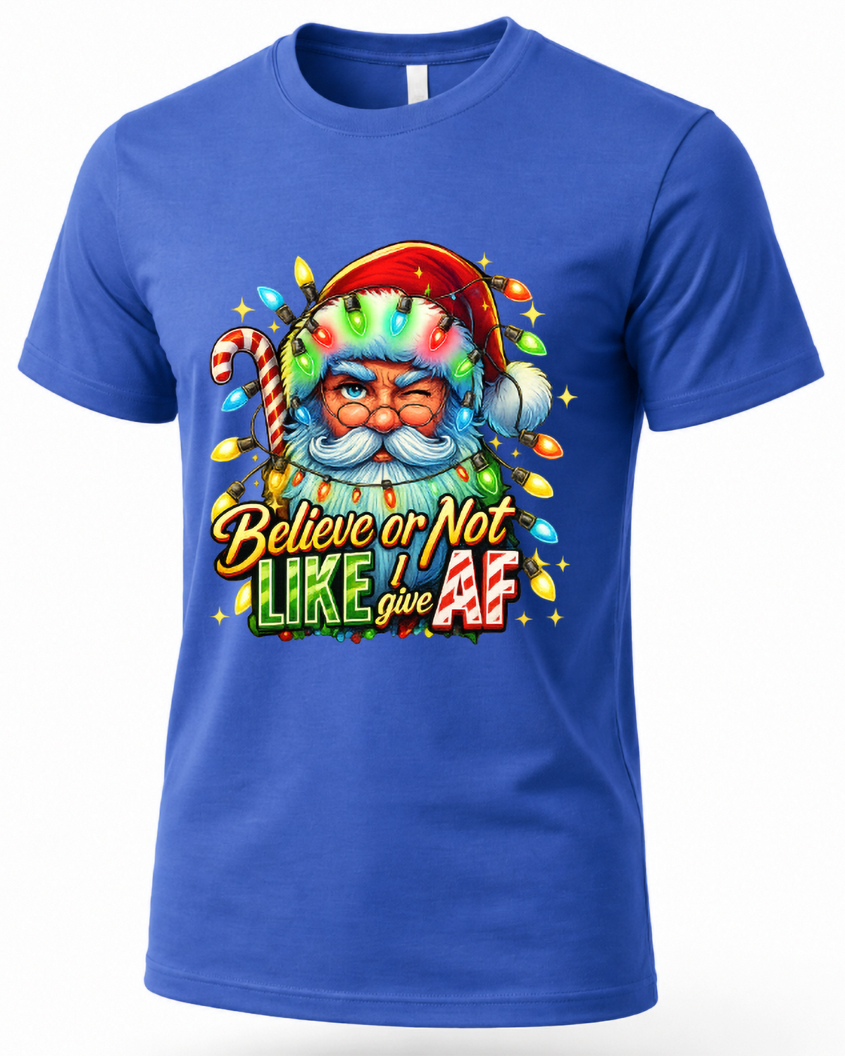 Blue Mockup: Blue Bella Canvas unisex Christmas t-shirt featuring a colorful Santa Claus graphic with funny holiday lettering and Christmas lights.