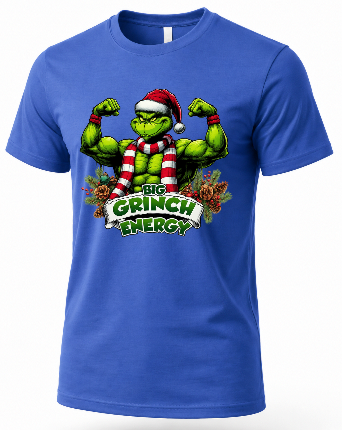 Blue Big Grinch Energy Christmas graphic tee featuring muscular green Grinch flexing his arms with Santa hat and holiday scarf.