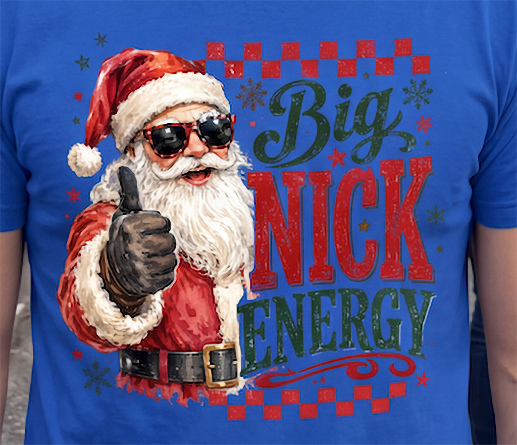 Close-up of Big Nick Energy Santa Christmas graphic on blue shirt