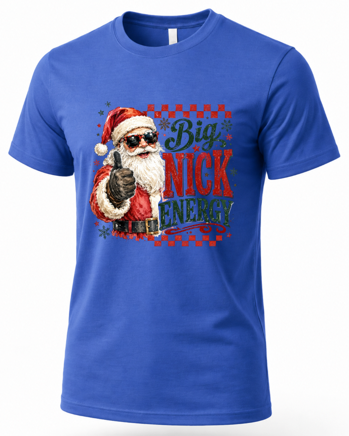 Blue Big Nick Energy Christmas graphic tee with Santa design