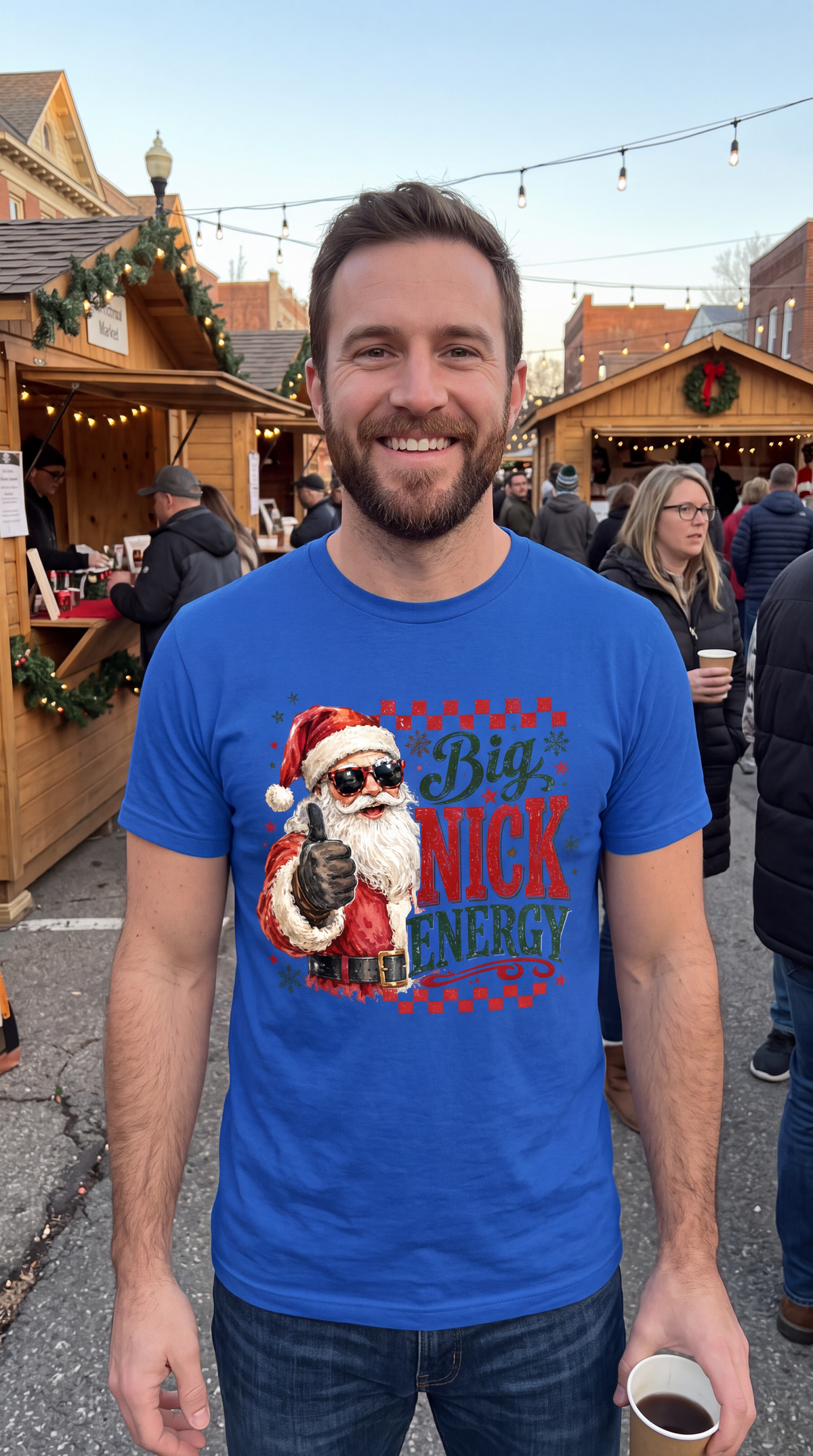 Model wearing blue Big Nick Energy funny Santa Christmas shirt