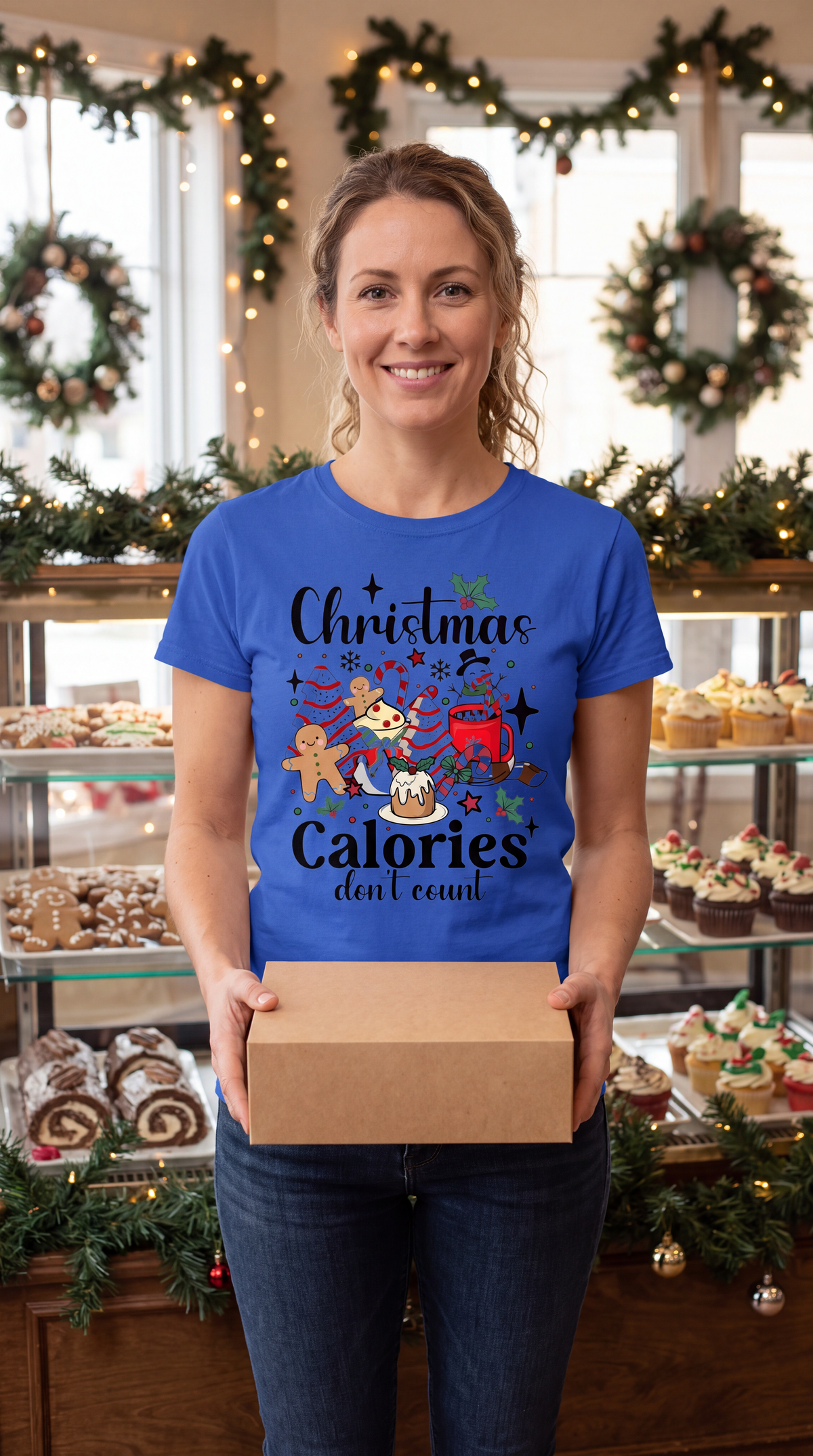 Woman wearing royal blue Christmas Calories Don’t Count shirt featuring festive cookies, cocoa and holiday treats.