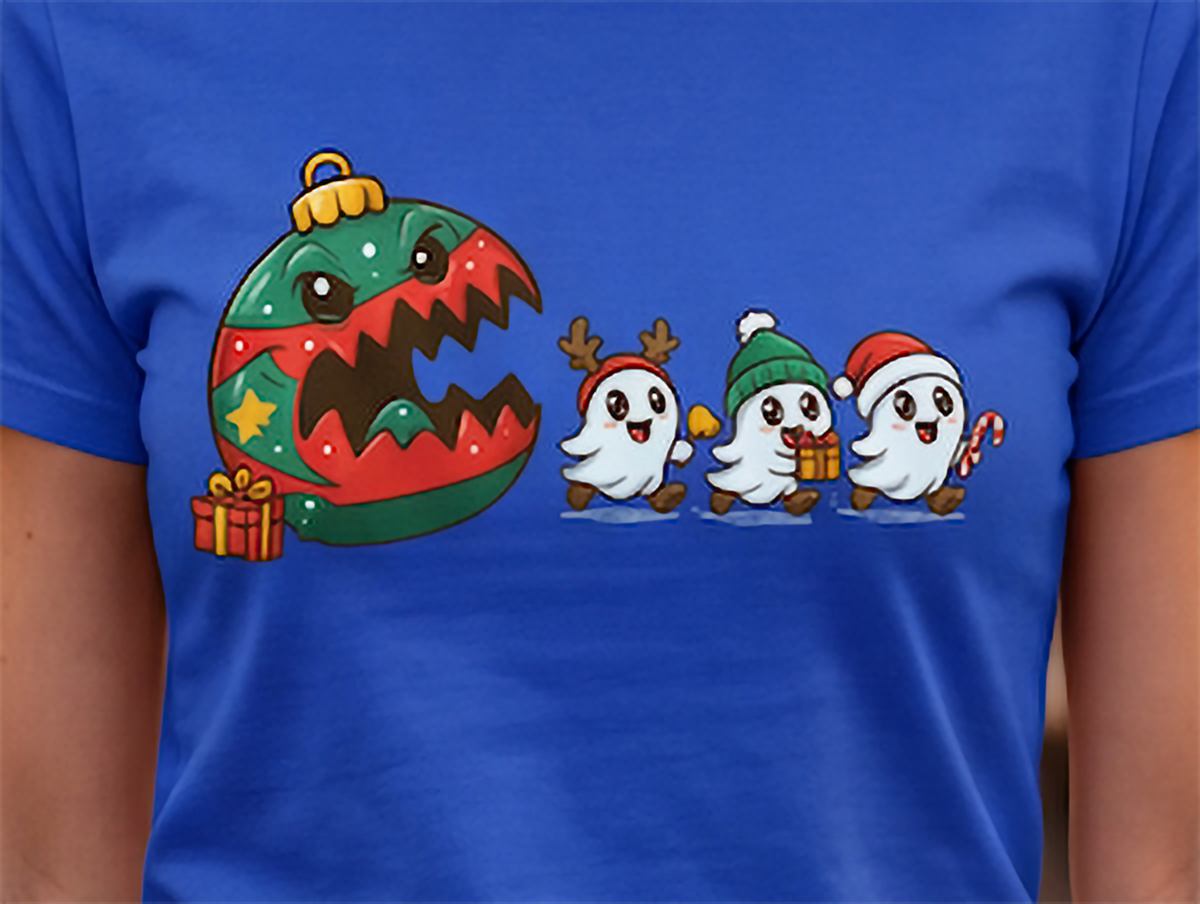 Close-up of royal blue Christmas ghost graphic tee featuring cute festive ghosts and holiday ornament.