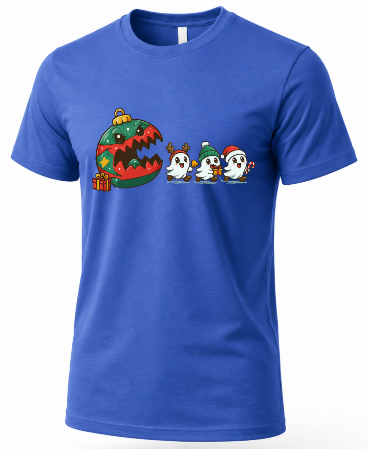 Royal blue Christmas ghost shirt featuring three festive ghosts and colorful giant Christmas ornament.