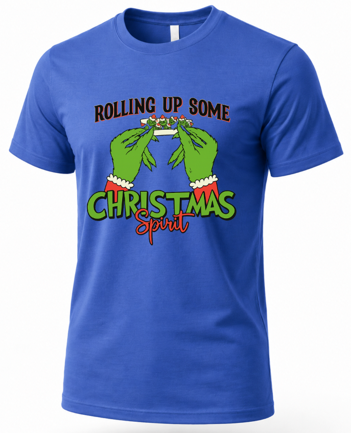 Blue unisex Christmas graphic tee featuring green hands rolling a festive joint and Rolling Up Some Christmas Spirit slogan.