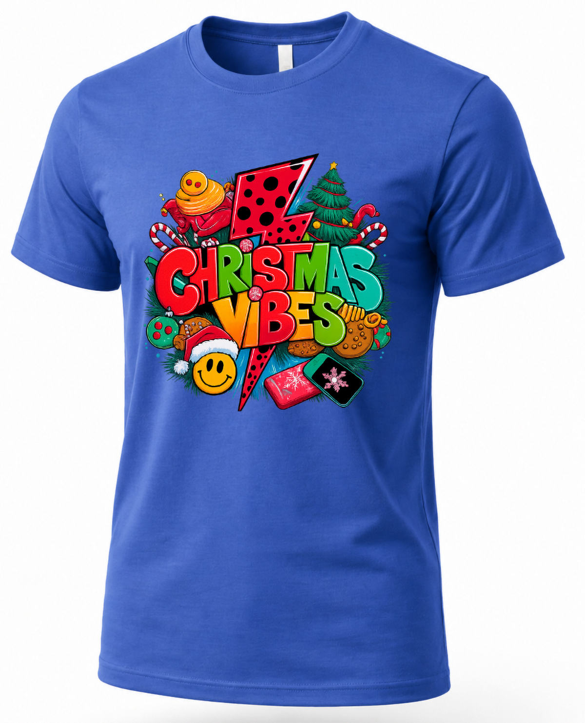 Blue Mockup: Blue unisex Christmas Vibes graphic t-shirt featuring colorful holiday lettering, candy canes, Christmas tree, and festive illustrations.