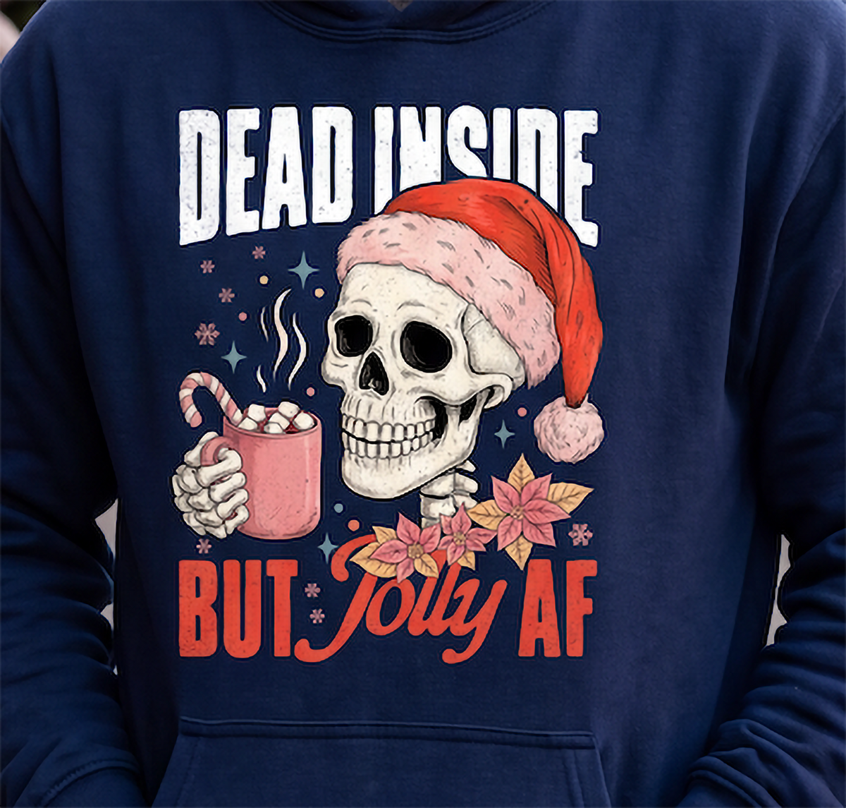 Close-up of navy skeleton Christmas hoodie with Santa skull graphic