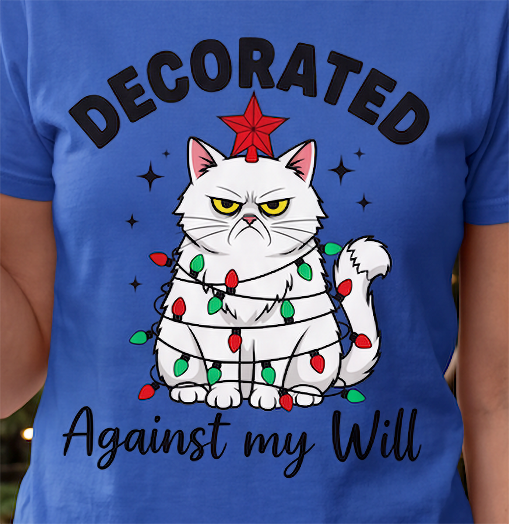 Close-up of funny grumpy cat Christmas design printed on blue shirt.