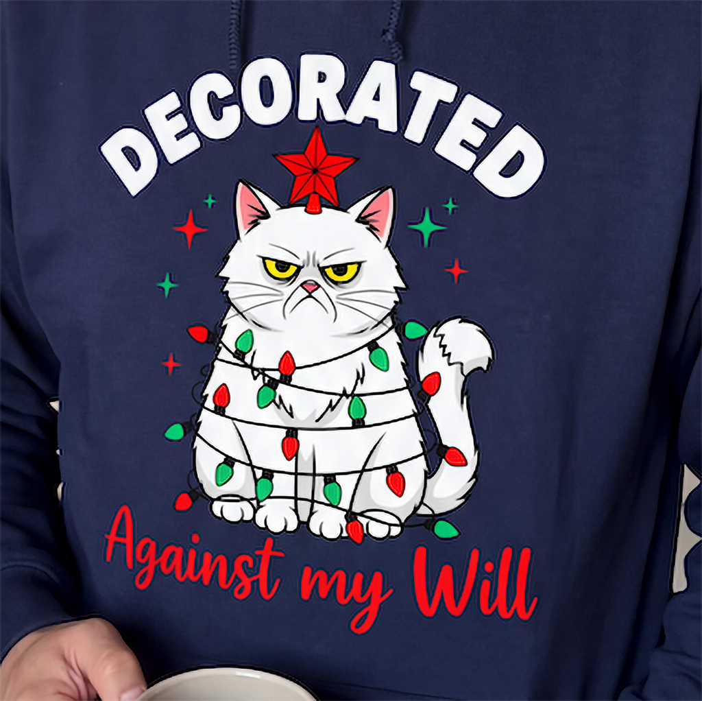 Close-up of navy blue Decorated Against My Will cat Christmas hoodie design