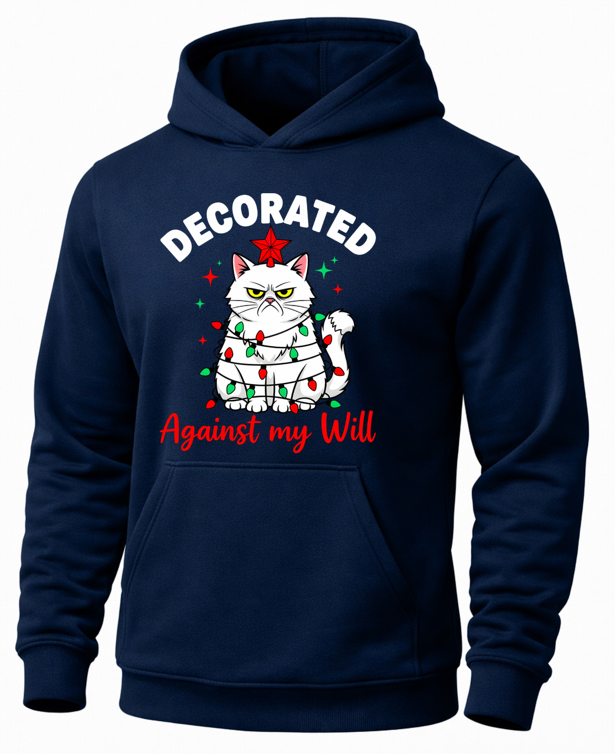 Navy blue funny Christmas cat hoodie with grumpy cat and holiday lights graphic
