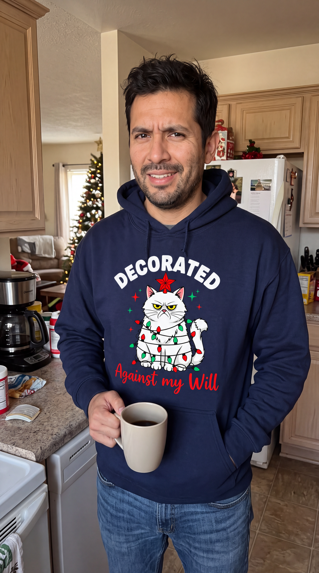 Man wearing navy blue cat Christmas hoodie with Decorated Against My Will design