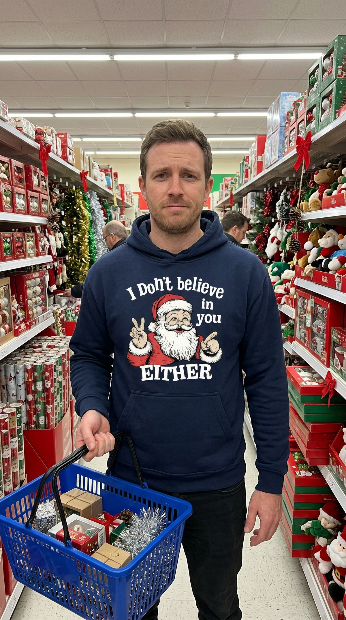 Man wearing navy blue I Don’t Believe in You Either Santa hoodie for a Christmas outfit