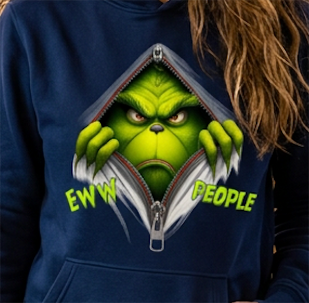 Close-up of Eww People Grinch design printed on navy blue Christmas hoodie