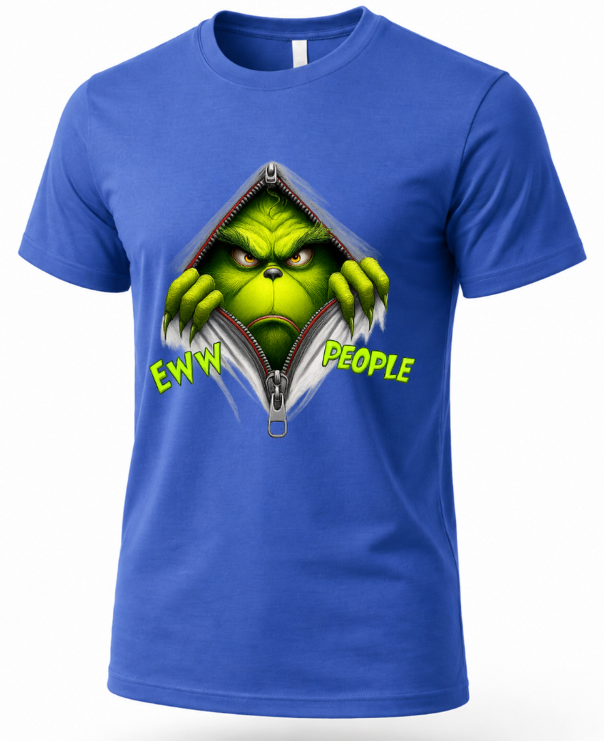 Blue Mockup: Blue unisex Christmas t-shirt featuring a grumpy green Grinch character with a zipper design and Eww People lettering.