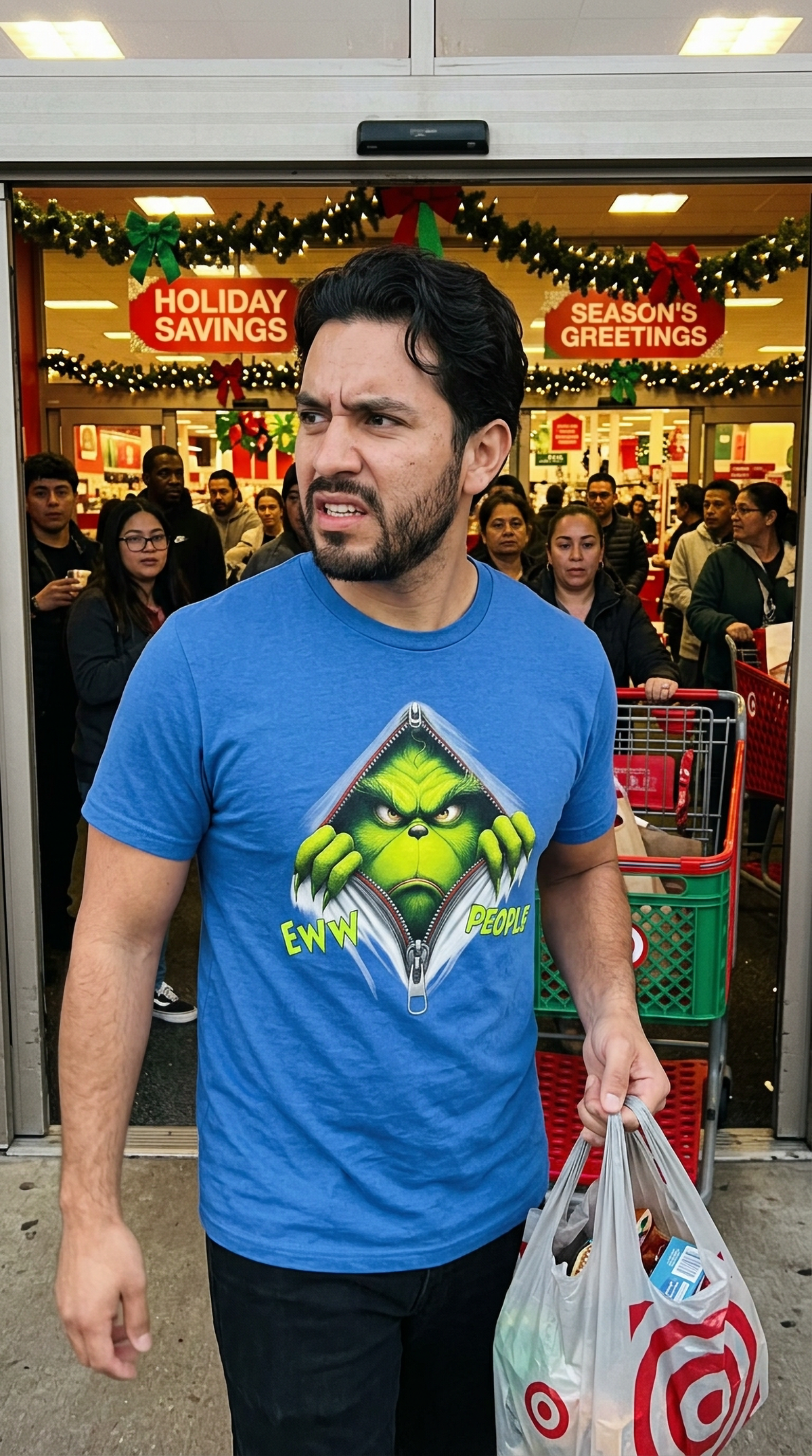 Blue Lifestyle: Person wearing a blue Eww People Grinch Christmas graphic tee in a festive indoor setting.