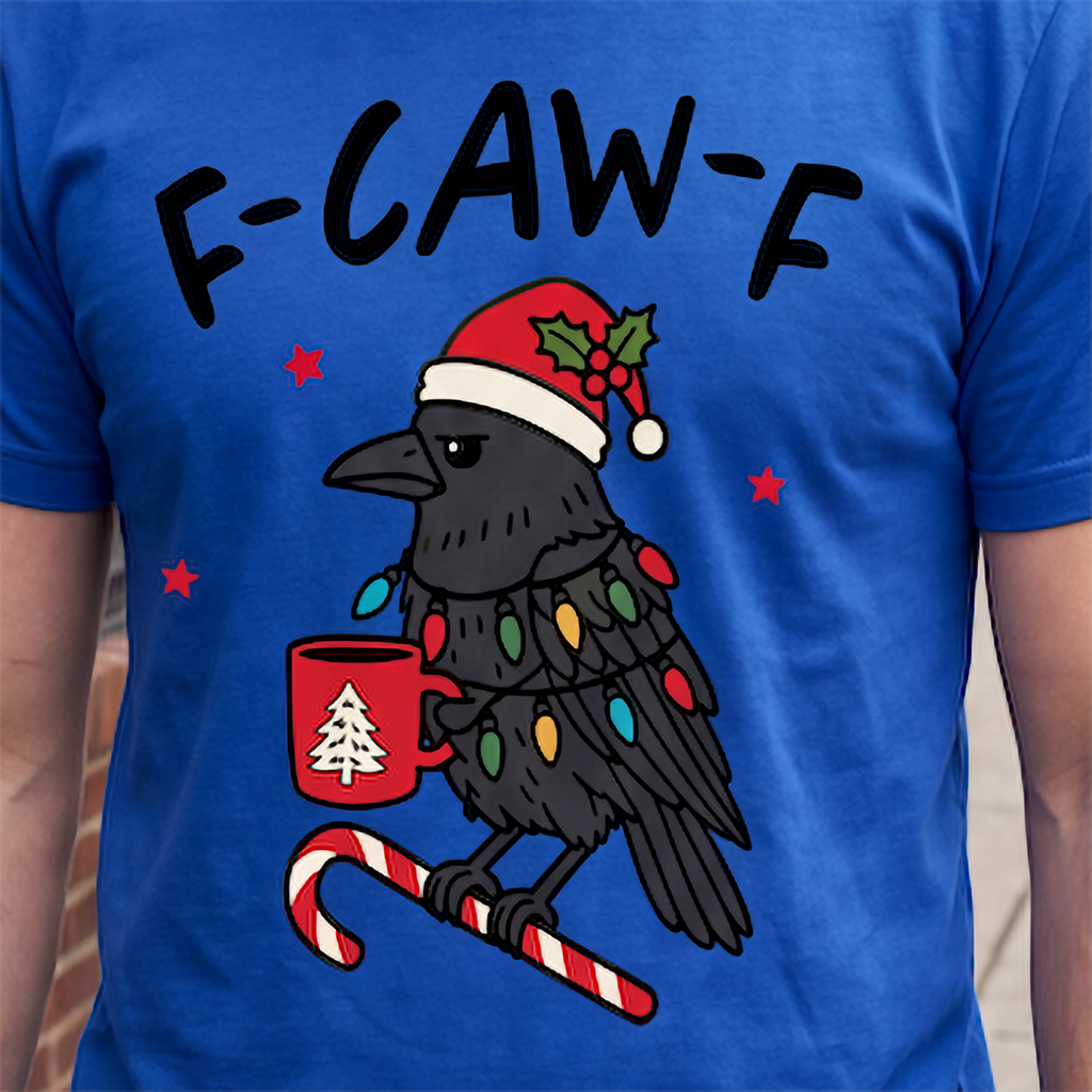Close-up of F-Caw-F crow Christmas graphic on blue shirt