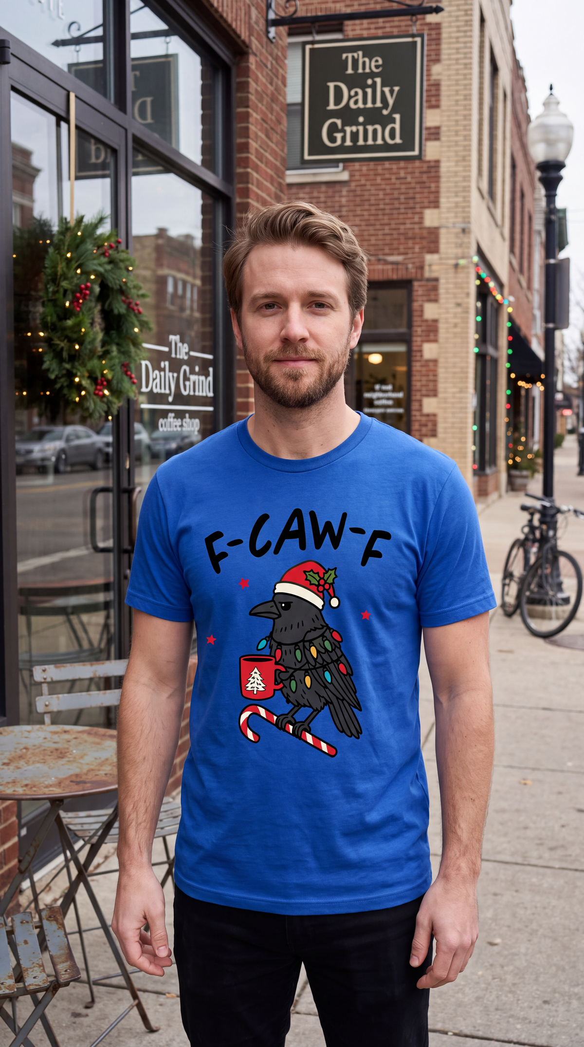 Model wearing blue F-Caw-F Christmas shirt with funny crow holiday graphic