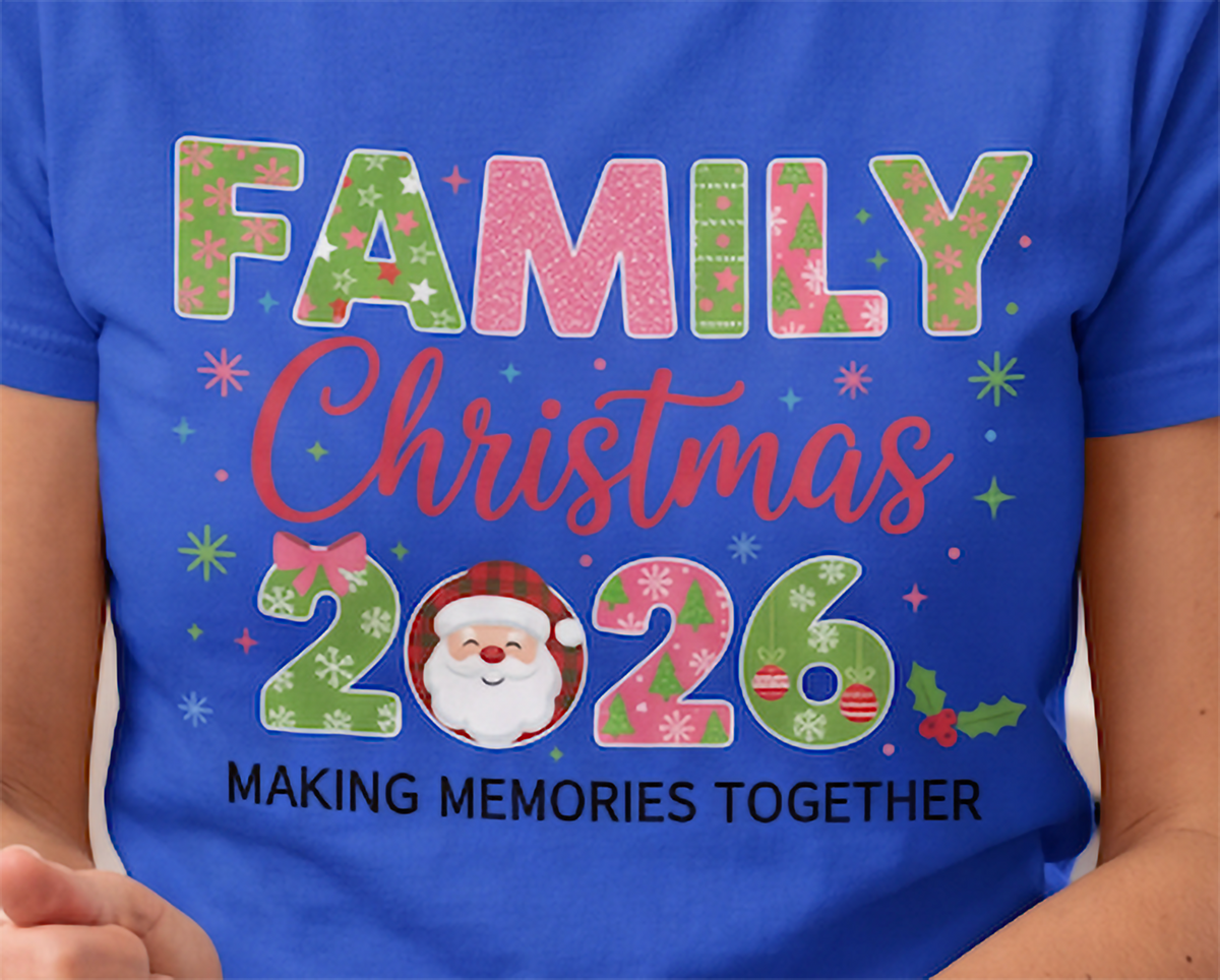 Close-up of blue Family Christmas 2026 shirt with making memories together Christmas design.