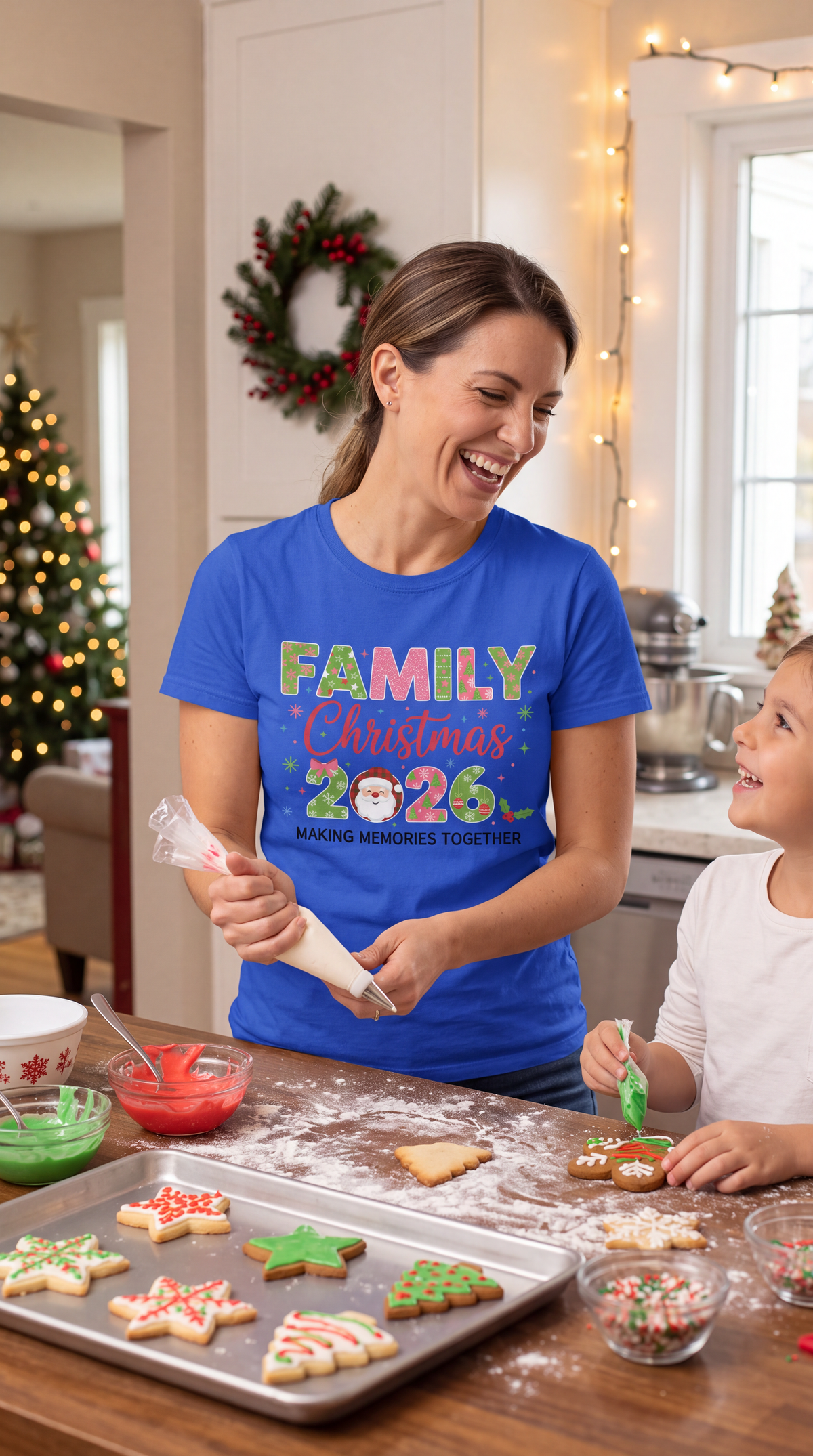 Woman wearing blue Family Christmas 2026 graphic tee while preparing for a Christmas celebration.