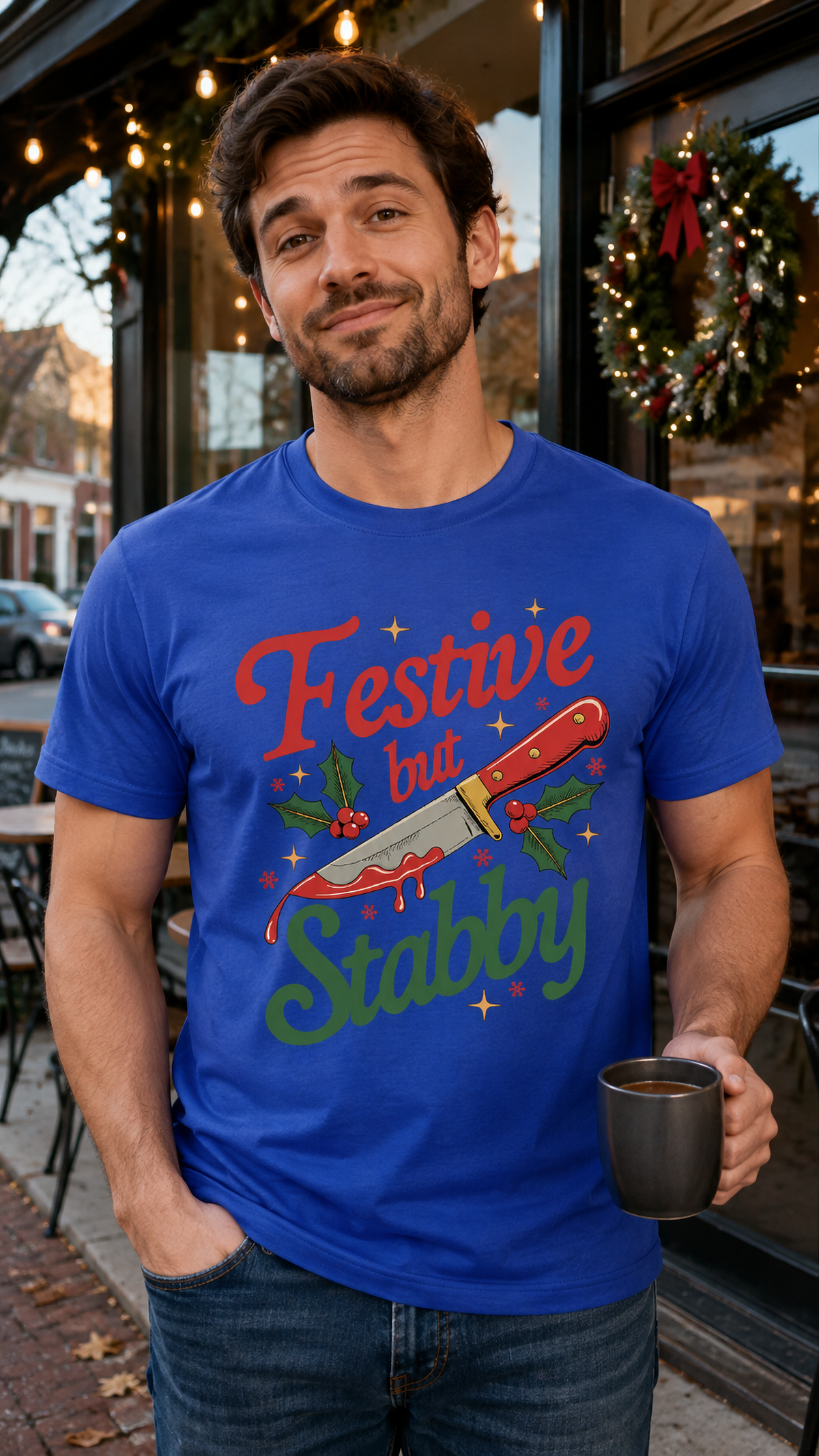 Man wearing blue Festive But Stabby Christmas graphic shirt